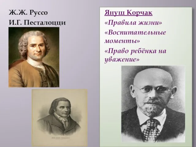 Ж.Ж. Руссо И.Г. Песталоцци Януш Корчак «Правила жизни» «Воспитательные моменты» «Право ребёнка на уважение»