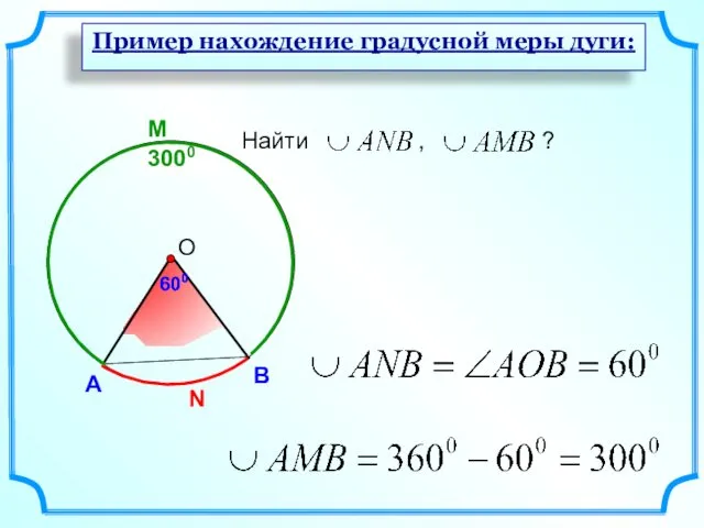 M 3000 600 А В Найти , ? 600 N Пример нахождение градусной меры дуги: