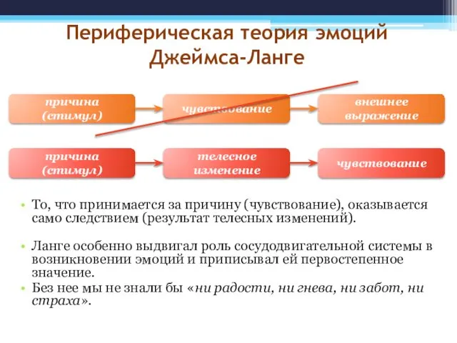 Периферическая теория эмоций Джеймса-Ланге То, что принимается за причину (чувствование), оказывается