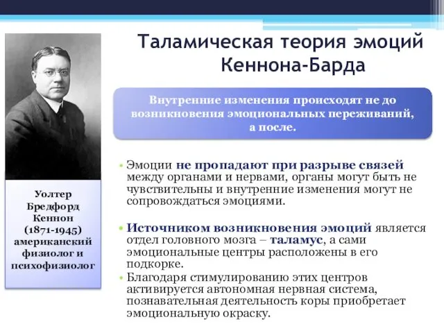 Таламическая теория эмоций Кеннона-Барда Эмоции не пропадают при разрыве связей между