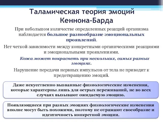 Таламическая теория эмоций Кеннона-Барда При небольшом количестве определенных реакций организма наблюдается