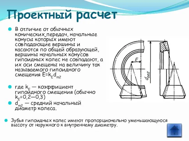 Проектный расчет В отличие от обычных конических передач, начальные конусы которых