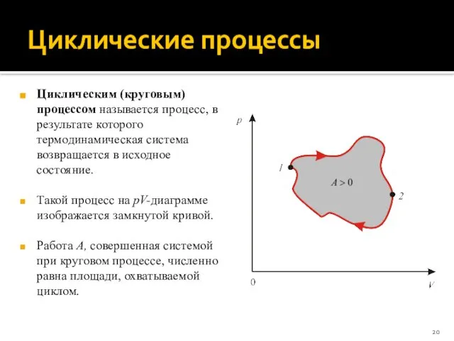 Циклические процессы Циклическим (круговым) процессом называется процесс, в результате которого термодинамическая