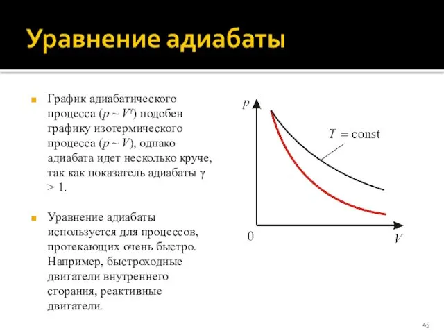 График адиабатического процесса (p ~ Vγ) подобен графику изотермического процесса (p