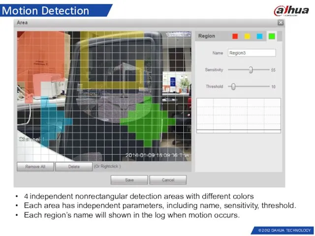 Motion Detection 4 independent nonrectangular detection areas with different colors Each