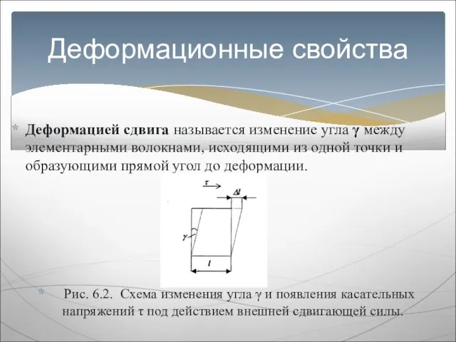 Деформацией сдвига называется изменение угла γ между элементарными волокнами, исходящими из