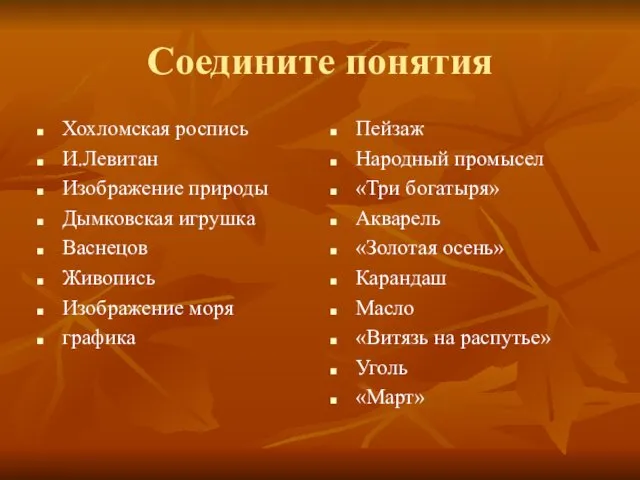 Соедините понятия Хохломская роспись И.Левитан Изображение природы Дымковская игрушка Васнецов Живопись