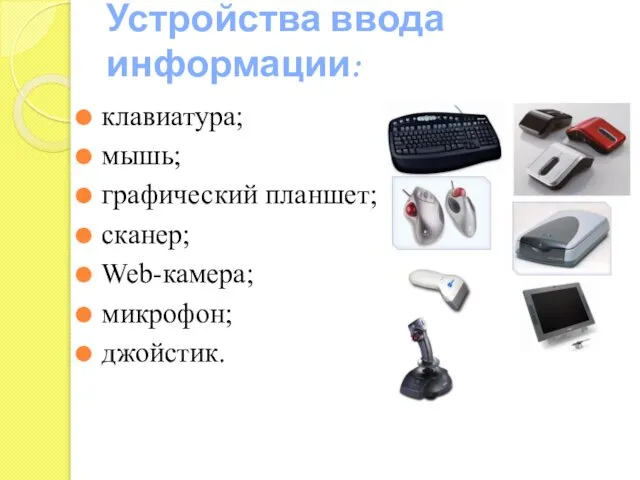 Устройства ввода информации: клавиатура; мышь; графический планшет; сканер; Web-камера; микрофон; джойстик.