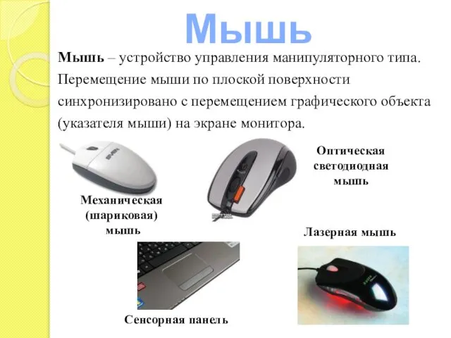 Мышь Мышь – устройство управления манипуляторного типа. Перемещение мыши по плоской