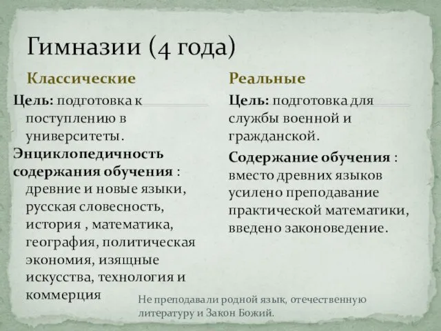 Классические Цель: подготовка к поступлению в университеты. Энциклопедичность содержания обучения :