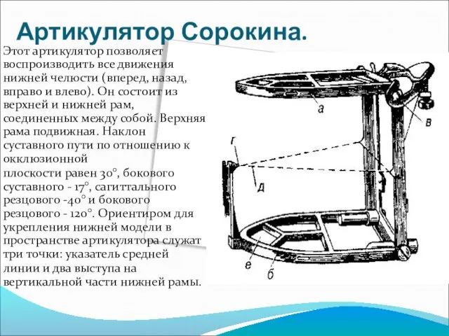 Артикулятор Сорокина. Этот артикулятор позволяет воспроизводить все движения нижней челюсти (вперед,