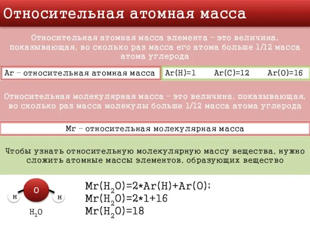 Относительная атомная масса Относительная атомная масса элемента – это величина, показывающая,