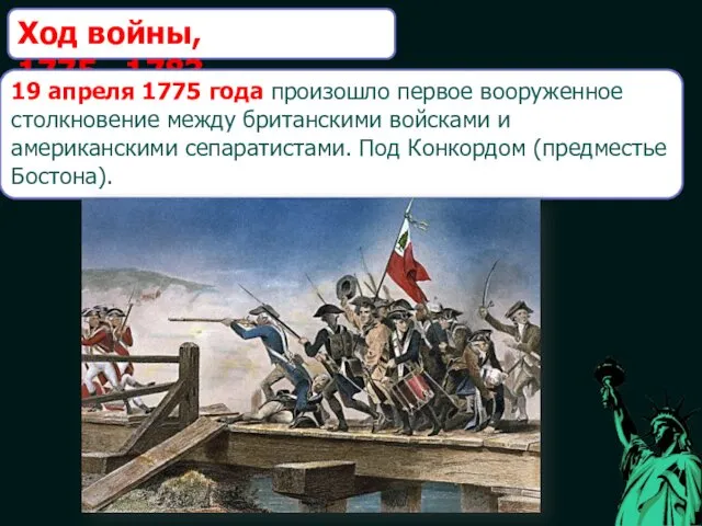 Ход войны, 1775—1783 19 апреля 1775 года произошло первое вооруженное столкновение