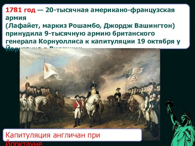 1781 год — 20-тысячная американо-французская армия (Лафайет, маркиз Рошамбо, Джордж Вашингтон)