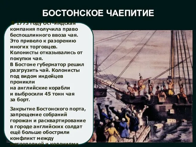 БОСТОНСКОЕ ЧАЕПИТИЕ В 1773 году Ост-Индская компания получила право беспошлинного ввоза