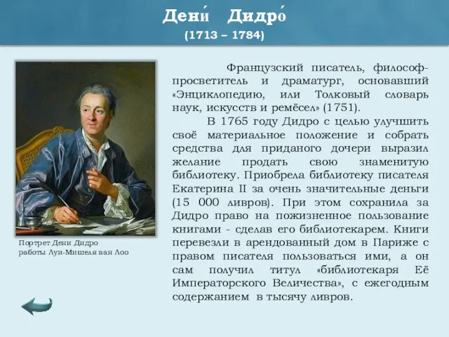 Дени́ Дидро́ (1713 – 1784) Французский писатель, философ-просветитель и драматург, основавший