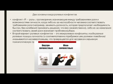 Два основных вида ролевых конфликтов конфликт «Я — роль», противоречия, возникающие