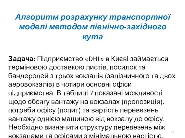 Алгоритм розрахунку транспортної моделі методом північно-західного кута Задача: Підприємство «DHL» в