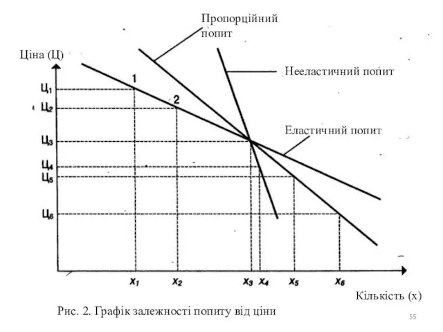 Ціна (Ц) Пропорційний попит Нееластичний попит Еластичний попит Кількість (x) Рис.