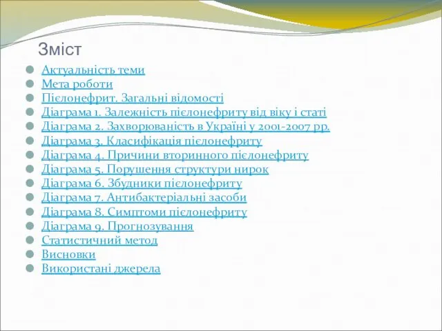 Зміст Актуальність теми Мета роботи Пієлонефрит. Загальні відомості Діаграма 1. Залежність