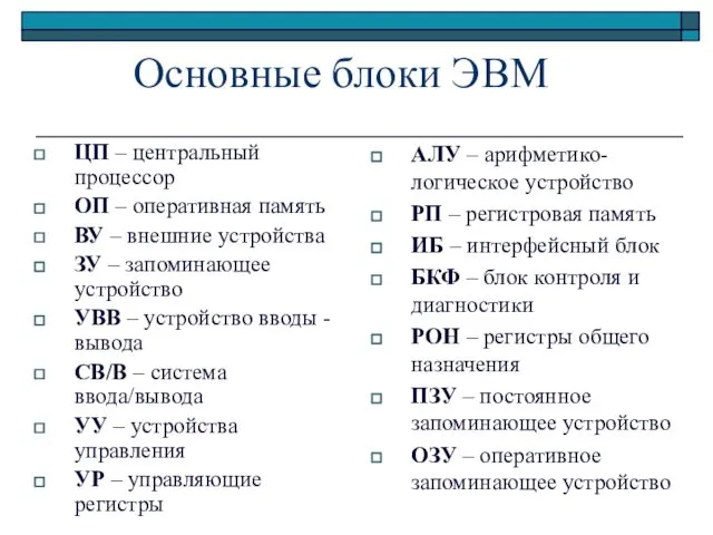 Основные блоки ЭВМ ЦП – центральный процессор ОП – оперативная память