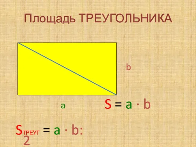 Площадь ТРЕУГОЛЬНИКА S = a · b a b SТРЕУГ = a · b: 2