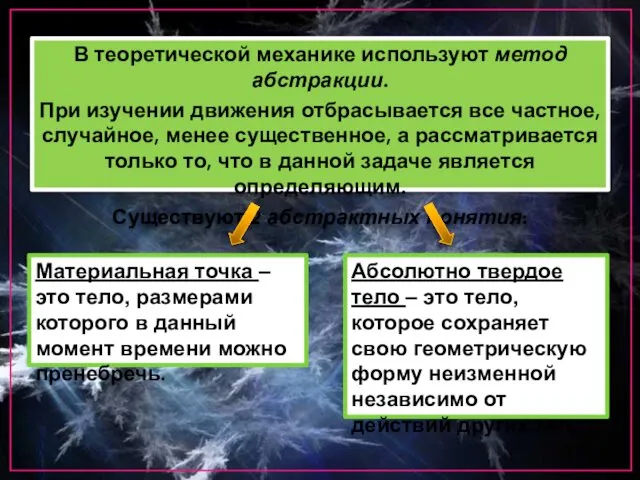 В теоретической механике используют метод абстракции. При изучении движения отбрасывается все