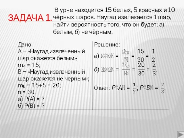 ЗАДАЧА 1. В урне находится 15 белых, 5 красных и 10