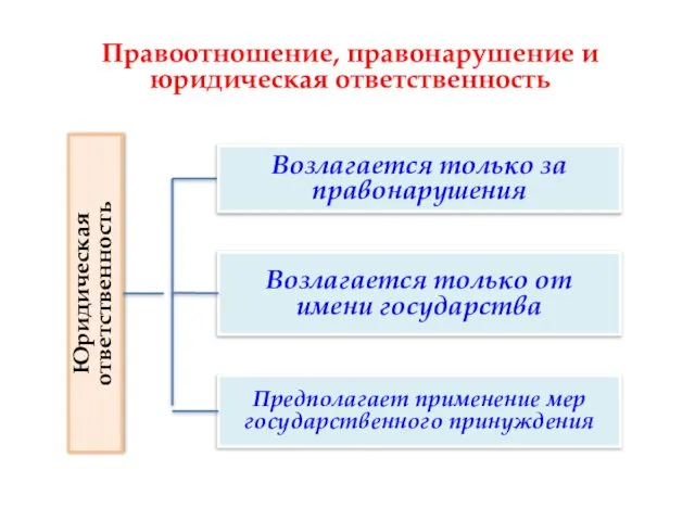 Юридическая ответственность Возлагается только от имени государства Предполагает применение мер государственного