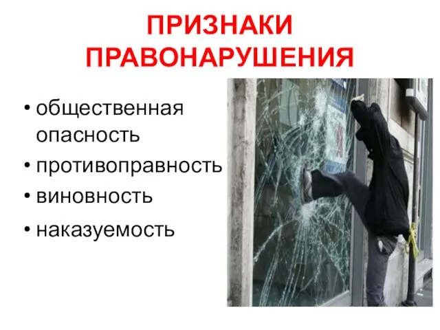 ПРИЗНАКИ ПРАВОНАРУШЕНИЯ общественная опасность противоправность виновность наказуемость