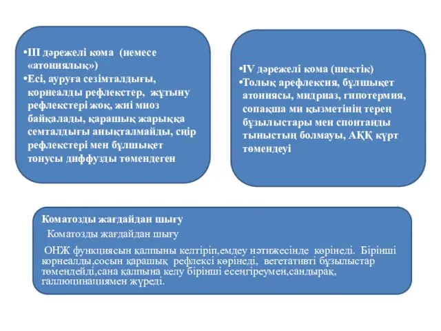 III дәрежелі кома (немесе «атониялық») Есі, ауруға сезімталдығы,корнеалды рефлекстер, жұтыну рефлекстері