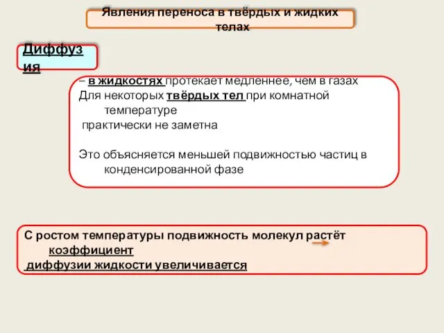 Явления переноса в твёрдых и жидких телах Диффузия С ростом температуры