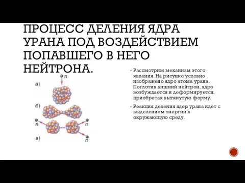 ПРОЦЕСС ДЕЛЕНИЯ ЯДРА УРАНА ПОД ВОЗДЕЙСТВИЕМ ПОПАВШЕГО В НЕГО НЕЙТРОНА. Рассмотрим