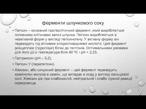 ферменти шлункового соку Пепсин – основний протеолітичний фермент, який виробляється головними