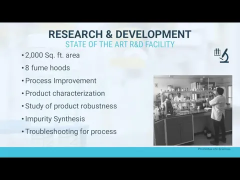 2,000 Sq. ft. area 8 fume hoods Process Improvement Product characterization