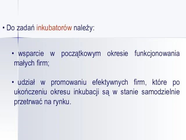 Do zadań inkubatorów należy: wsparcie w początkowym okresie funkcjonowania małych firm;