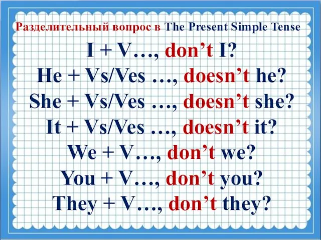 Разделительный вопрос в The Present Simple Tense I + V…, don’t