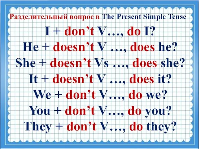 Разделительный вопрос в The Present Simple Tense I + don’t V…,