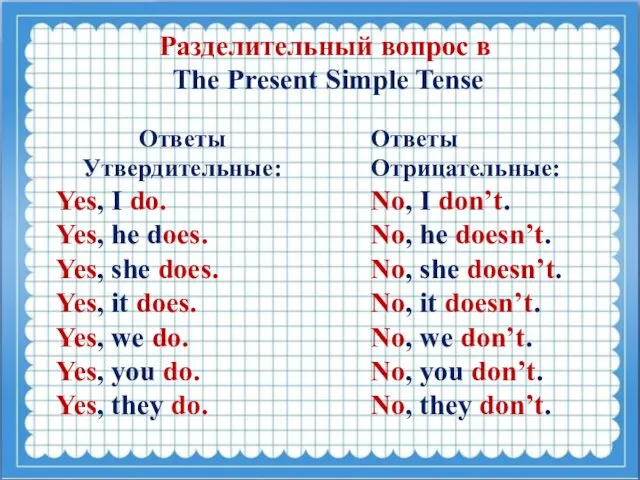 Разделительный вопрос в The Present Simple Tense Ответы Утвердительные: Yes, I