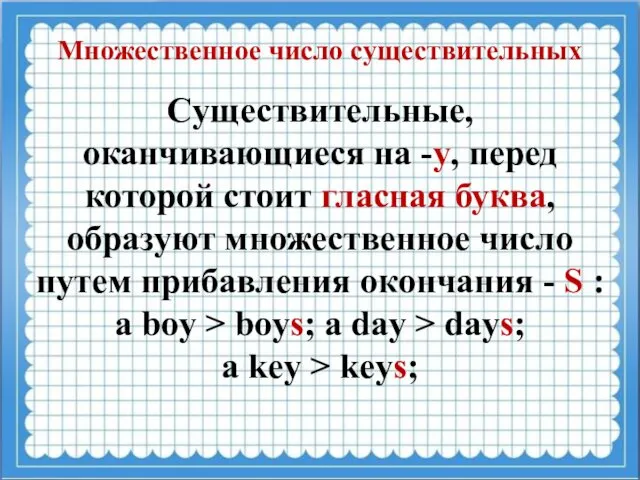 Множественное число существительных Cуществительные, оканчивающиеся на -у, перед которой стоит гласная