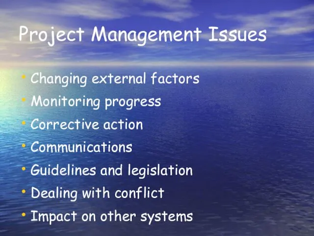 Project Management Issues Changing external factors Monitoring progress Corrective action Communications