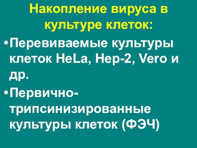 Накопление вируса в культуре клеток: Перевиваемые культуры клеток HeLa, Hep-2, Vero