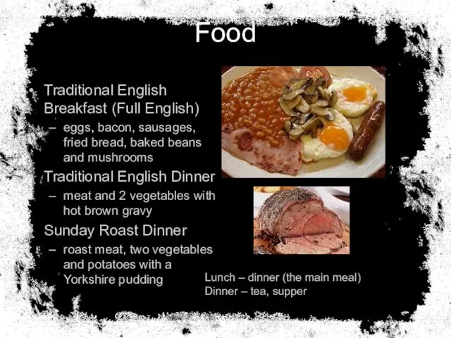 Food Traditional English Breakfast (Full English) eggs, bacon, sausages, fried bread,