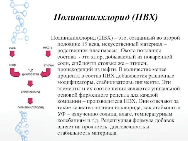 Поливинилхлорид (ПВХ) Поливинилхлорид (ПВХ) – это, созданный во второй половине 19