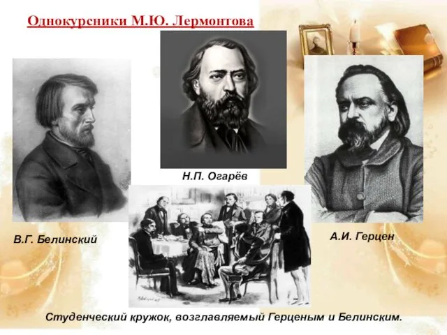 Однокурсники М.Ю. Лермонтова А.И. Герцен Н.П. Огарёв В.Г. Белинский Студенческий кружок, возглавляемый Герценым и Белинским.