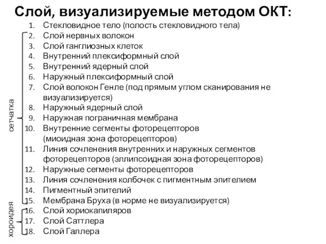 Слой, визуализируемые методом ОКТ: Стекловидное тело (полость стекловидного тела) Слой нервных