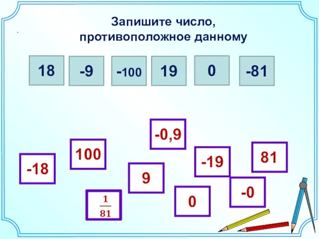 Запишите число, противоположное данному . 18 -9 -100 19 0 -81