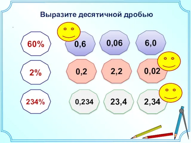 Выразите десятичной дробью . 60% 2% 234% 0,6 0,06 6,0 2,2 0,2 0,02 0,234 23,4 2,34