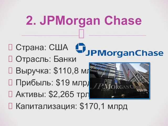 Страна: США Отрасль: Банки Выручка: $110,8 млрд Прибыль: $19 млрд Активы: