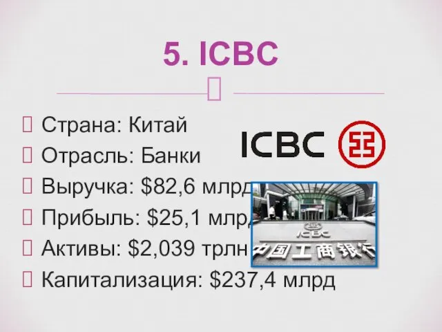 Страна: Китай Отрасль: Банки Выручка: $82,6 млрд Прибыль: $25,1 млрд Активы: